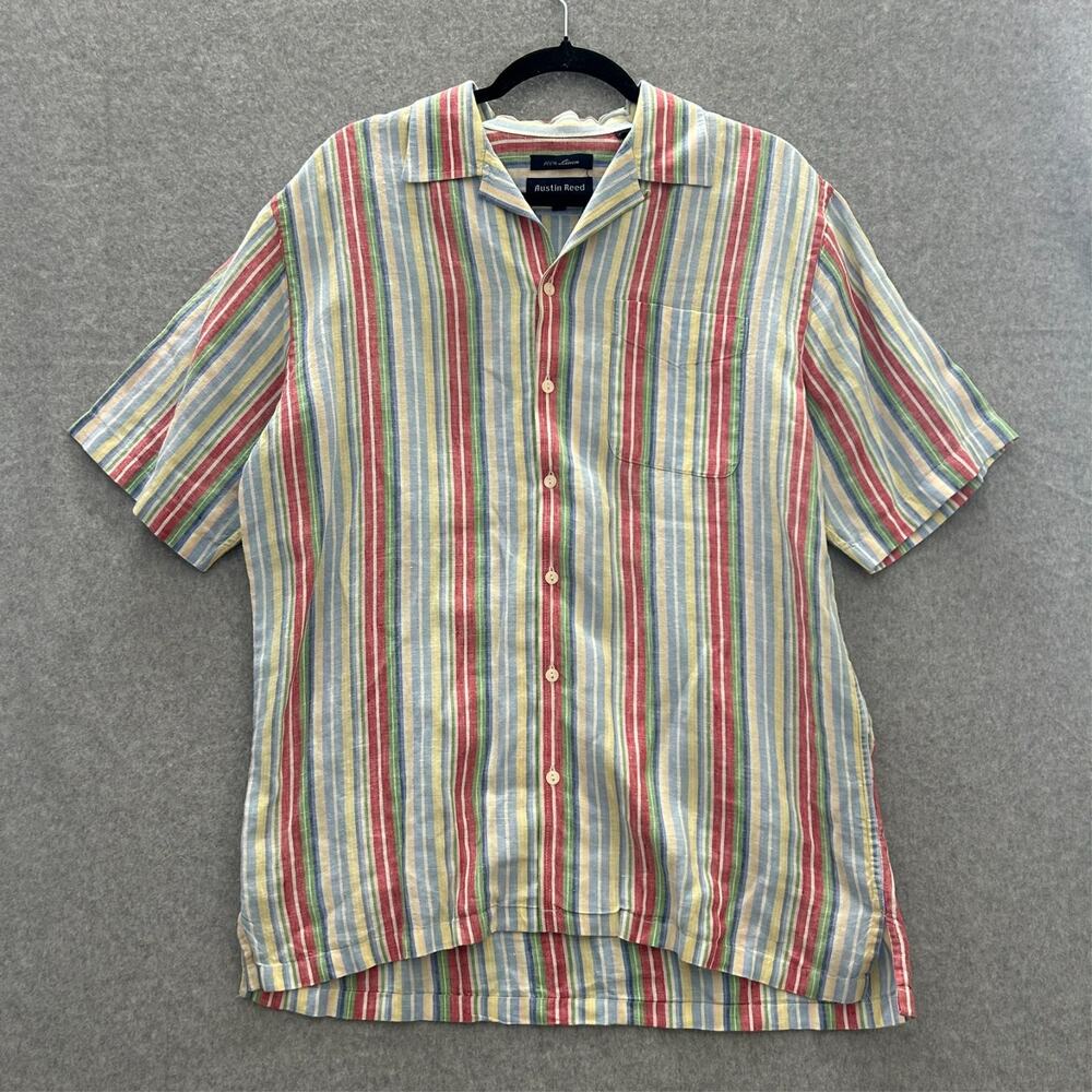 Austin Reed London 100% Linen Camp Shirt Sz M Rainbow Vertical Striped Coastal